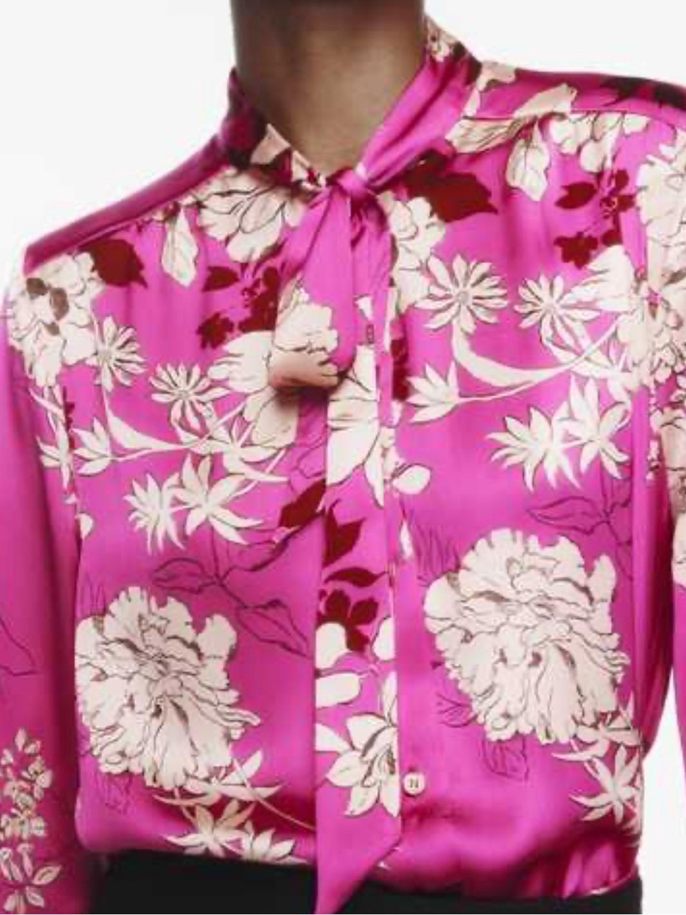 Zara Fuchsia Floral Tie-Neck Shirt Sz M